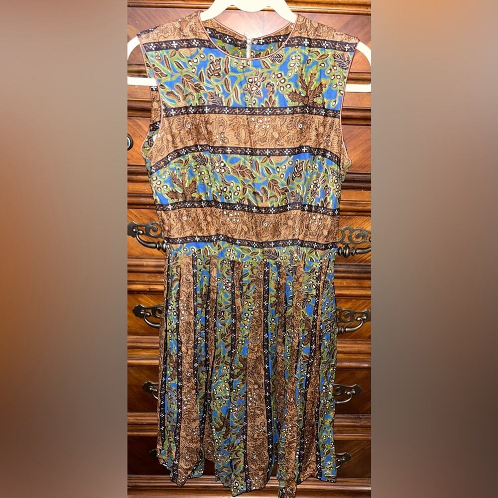 Vintage Handmade Sleeveless Dress batik floral and striped pattern.